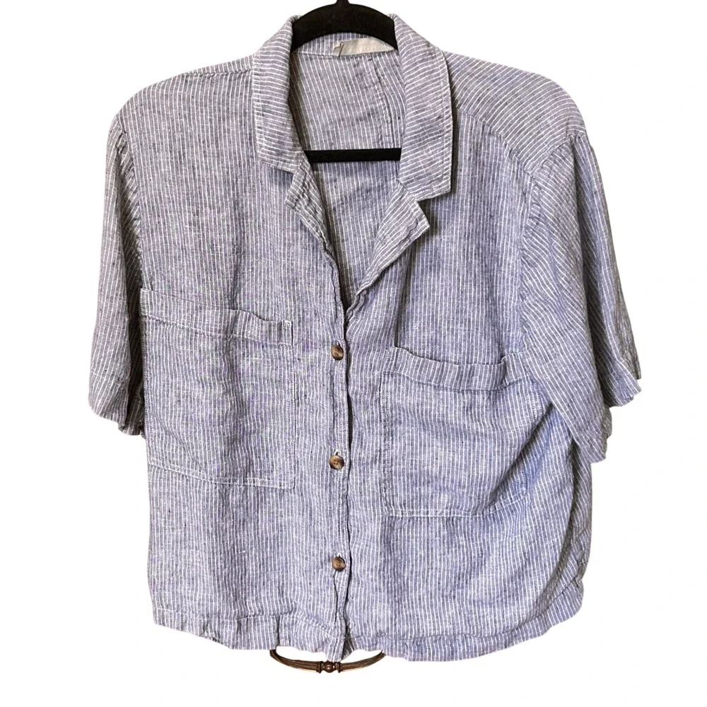 Everlane Linen Shirt L Blue Pinstripe Short Sleeve Button Down Pocket - Picture 1 of 5